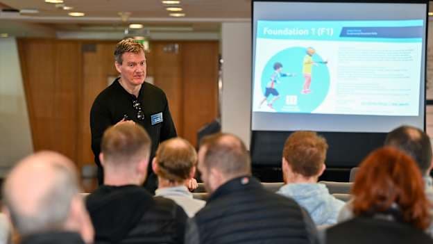 Jack Cooney speaks to attendees about the Player Pathway during a Gaelic Games Coach Developer Community Event at Croke Park in Dublin. Photo by Sam Barnes/Sportsfile.