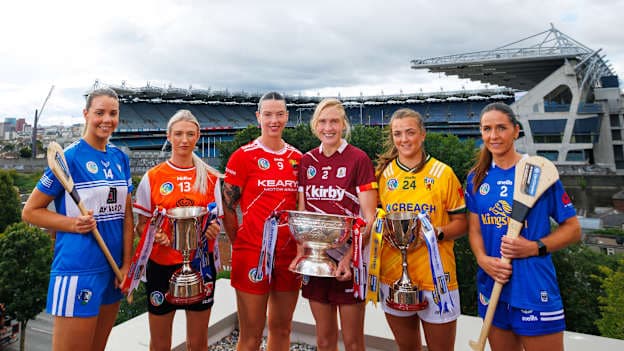Laois' Aimee Collier, Armagh's Rachael Trainor, Cork's Ashling Thompson, Galway's Shauna Healy, Antrim's Caitriona Graham and Cavan's Roisin O'Keeffe pictured at the 2026 Glen Dimplex All-Ireland Camogie Championship Final Media Day, Maldron Hotel. Mandatory Credit ©INPHO/James Crombie