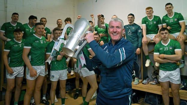 Limerick manager John Kiely with the Mick Mackey Cup after the Munster GAA Hurling Senior Championship final match between Clare and Limerick at FBD Semple Stadium in Thurles, Tipperary. Photo by Ray McManus/Sportsfile.