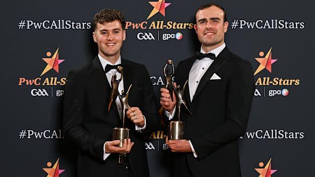 Galway and Salthill Knocknacarra footballers, Rob Finnerty, left, and John Maher with their PwC GAA/GPA All-Star Award during the 2024 PwC GAA/GPA All-Star Awards at the RDS. Photo by Sam Barnes/Sportsfile