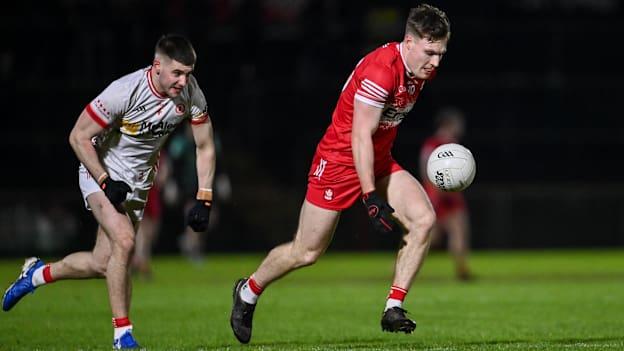 Ethan Doherty of Derry in action against Niall Devlin of Tyrone during the Allianz Football League Division 1 match between Tyrone and Derry at O'Neills Healy Park in Omagh, Tyrone. Photo by Ramsey Cardy/Sportsfile
