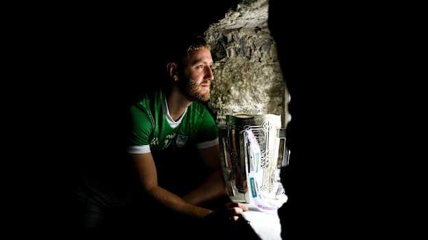 Seamus Flanagan of Limerick poses for a portrait with the Liam MacCarthy cup during the national launch of the GAA Hurling All-Ireland Senior Championship at the Michael Cusack Centre in Carran, Clare. Photo by Brendan Moran/Sportsfile.