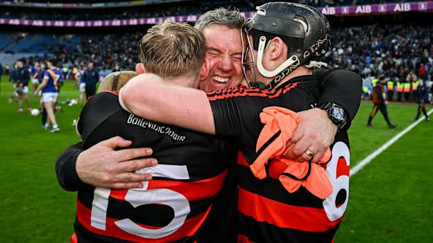 Ballygunner manager Jason Ryan, centre, celebrates with Michael Mahony, left, and Philip Mahony, right, after their side's victory in the AIB GAA Hurling Senior Club Championship final match between Ballygunner of Waterford and Loughrea of Galway at Croke Park in Dublin. Photo by Seb Daly/Sportsfile.