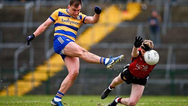 Enda Smith of Roscommon has a shot on goal blocked by Paddy McCarthy of Down during the Allianz Football League Division 2 match between Roscommon and Down at King & Moffatt Dr Hyde Park in Roscommon. Photo by Ben McShane/Sportsfile.