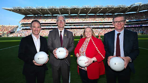 Minister of State Alan Dillon TD, Uachtarán Chumann Lúthchleas Gael Jarlath Burns, CEO Ladies Gaelic Football Association Lyn Savage, and Ard Stiúrthóir Chumann Lúthchleas Gael Tom Ryan pictured at Croke Park.