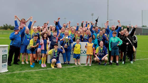 Limekiln celebrate after winning the Senior Women's All-Ireland GAA Rounders Final. 