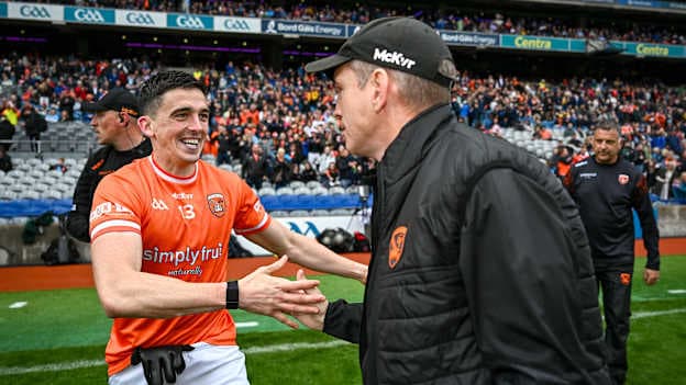 Rory Grugan of Armagh and Armagh manager Kieran McGeeney after their side's victory in the GAA Football All-Ireland Senior Championship quarter-final match between Armagh and Roscommon at Croke Park in Dublin. Photo by Harry Murphy/Sportsfile.