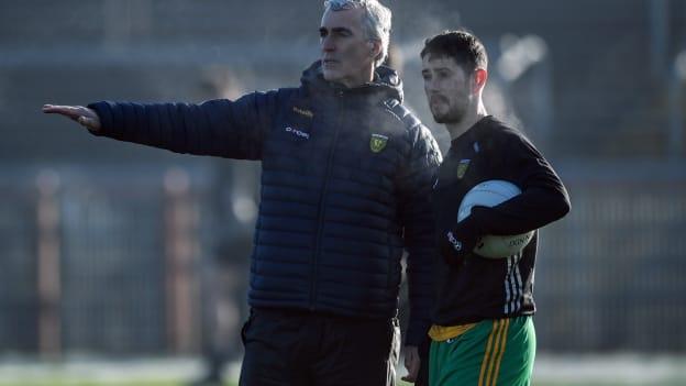 Donegal manager Jim McGuinness, left, and Ryan McHugh before the Bank of Ireland Dr McKenna Cup Group A match between Tyrone and Donegal at O’Neills Healy Park in Omagh, Tyrone. Photo by Ramsey Cardy/Sportsfile.