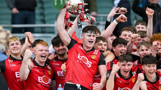 Down captain Michael Dorrian lifts the Richie McElligott Cup at Croke Park. Photo by Ray McManus/Sportsfile