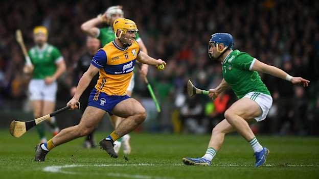 Mark Rodgers of Clare in action against Mike Casey of Limerick during the Allianz Hurling League Division 1A match between Limerick and Clare at TUS Gaelic Grounds in Limerick. Photo by John Sheridan/Sportsfile.