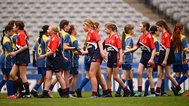 Players shake hands after the match between The Harold School, Glasthule, Dublin, and St. Brigid's GNS, Palmerstown, Dublin, on day two of the Allianz Cumann na mBunscol Finals at Croke Park in Dublin. Photo by Ramsey Cardy/Sportsfile.