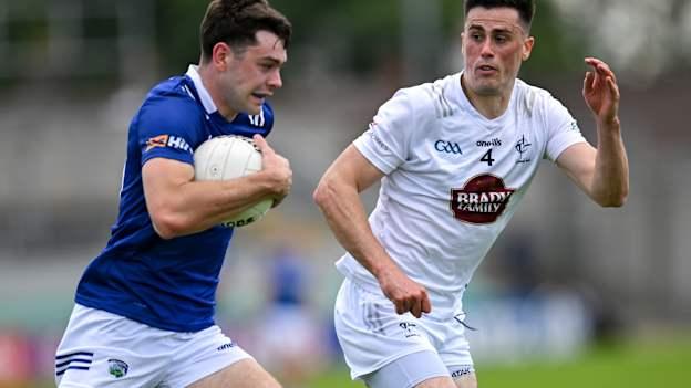 Mark Barry, Laois, and Mick O'Grady, Kildare, in Tailteann Cup quarter-final action last year. Photo by Stephen Marken/Sportsfile