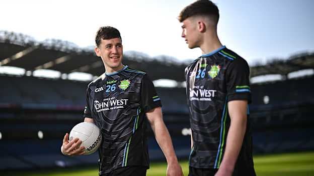 Derry footballer Shane McGuigan pictured with young O'Tooles GAA footballer Cillian Hanlon at the launch of John West Féile – 2026, marking 11 years sponsorship by the company of the competition at Croke Park today. Photo by David Fitzgerald/Sportsfile.