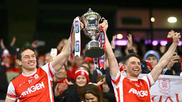 James Power, left, and Luke Keating of Cuala lift the Andy Merrigan Cup after the AIB GAA Football All-Ireland Senior Club Championship final match between Cuala and Errigal Ciarán at Croke Park in Dublin. Photo by Piaras Ó Mídheach/Sportsfile.