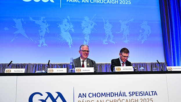 Uachtarán Chumann Lúthchleas Gael Jarlath Burns and Ard Stiúrthóir of the GAA Tom Ryan, right, before the GAA Special Congress 2025 at Croke Park in Dublin. Photo by Piaras Ó Mídheach/Sportsfile.