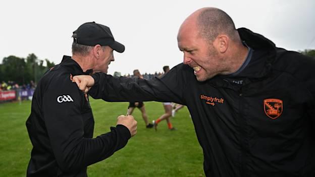Armagh manger, Kieran McGeeney, left, pictured with Armagh selector Ciaran McKeever after their side's victory in the 2023 GAA Football All-Ireland Senior Championship Round 3 match between Galway and Armagh at Avant Money Páirc Seán Mac Diarmada in Carrick-on-Shannon, Leitrim. Photo by Harry Murphy/Sportsfile.
