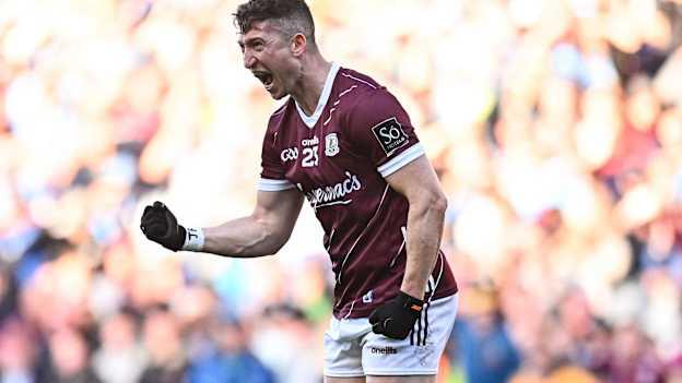 Johnny Heaney of Galway celebrates kicking a point during the GAA Football All-Ireland Senior Championship quarter-final match between Dublin and Galway at Croke Park in Dublin. Photo by Harry Murphy/Sportsfile