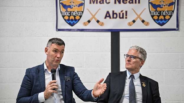 GAA National Head of Hurling William Maher, left, speaking at the Musco Hurling Development Committee (HDC) Club Starter Pack Launch, alongside Uachtarán Chumann Lúthchleas Gael Jarlath Burns, in Belcoo O'Rahilly's GAA Club in Enniskillen, Fermanagh. Photo by Sam Barnes/Sportsfile