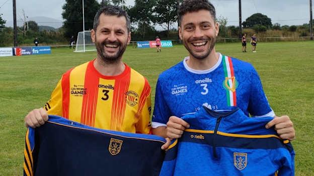 Gianni Goretti, right, pictured with another former Na Fianna player, Xavi Arnau, from Catalunya, at the 2023 FRS GAA World Games in Derry. 