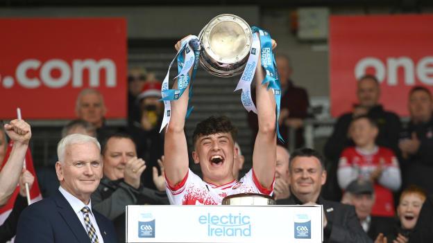 Derry captain James Sargent lifts the cup after the Electric Ireland Ulster GAA Football Minor Championship final match between Armagh and Derry at O'Neill's Healy Park in Omagh, Tyrone. Photo by Philip Fitzpatrick/Sportsfile