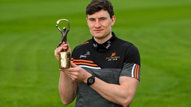 PwC GAA/GPA Player of the Month for March in hurling, David Fitzgerald of Clare, with his award at his local club Inagh-Kilnamona. Photo by Brendan Moran/Sportsfile