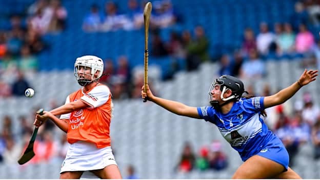 Rachael Trainor of Armagh in action against Fiona Scully of Laois during the 2025 Glen Dimplex All-Ireland Premier Junior Camogie Championship final match between Armagh and Laois at Croke Park in Dublin. Photo by Piaras Ó Mídheach/Sportsfile
