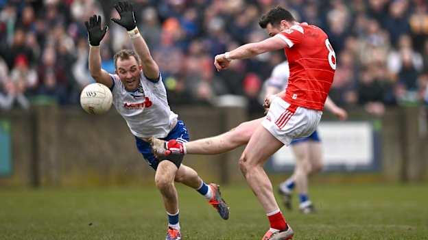 Tommy Durnin, Louth, and Jack McCarron, Monaghan, in Allianz Football League Division Two action. Photo by Ben McShane/Sportsfile