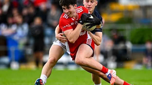 Aidan Farley of Tyrone in action against Cian Keogh of Kildare during the Electric Ireland All-Ireland Minor Football Championship semi-final match between Kildare and Tyrone at Kingspan Breffni in Cavan. Photo by Piaras Ó Mídheach/Sportsfile