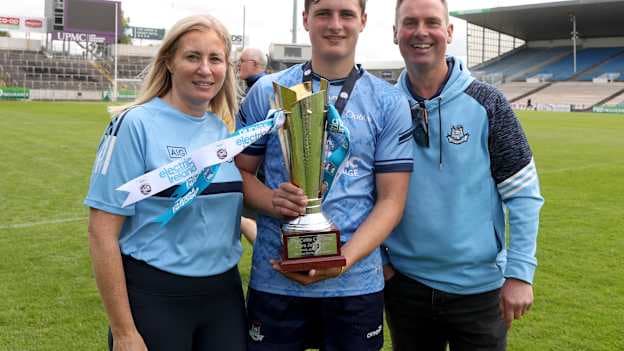 Dublin captain Lucas Cass with his parents after the 2025 Electric Ireland Celtic Challenge Corn John Scott final match between Clare and Dublin at FBD Semple Stadium in Thurles, Tipperary. Photo by Michael P Ryan/Sportsfile.