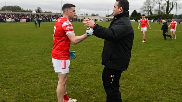 Louth manager Ger Brennan celebrates with Conall McKeever after the Allianz Football League Division 2 match between Louth and Meath at Grattan Park in Inniskeen, Monaghan. Photo by Daire Brennan/Sportsfile.