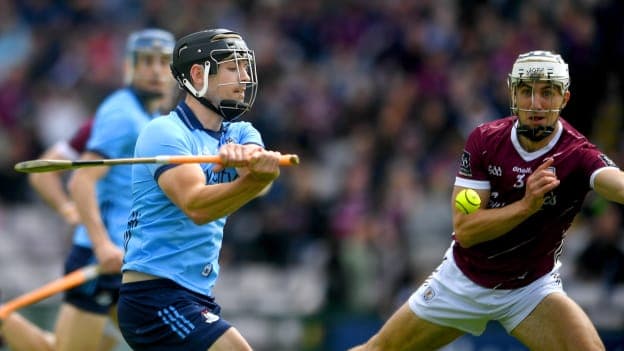 Seán Currie, Dublin, and Daithí Burke, Galway, in Leinster SHC action. Photo by John Sheridan/Sportsfile