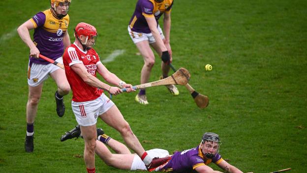 Wexford players Simon Donohoe, left, Eoin Ryan and Conor Foley look on as Alan Connolly of Cork scores his side's second goal, in the 26th minute, during the Allianz Hurling League Division 1 Group A match between Wexford and Cork at Chadwicks Wexford Park in Wexford. Photo by Ray McManus/Sportsfile