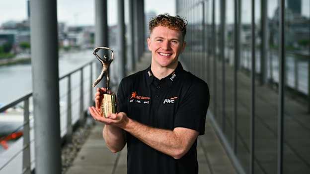 PwC GAA/GPA Player of the Month for June in hurling, Conor Burke of Dublin, with his award at PwC offices in Dublin. Photo by Tyler Miller/Sportsfile