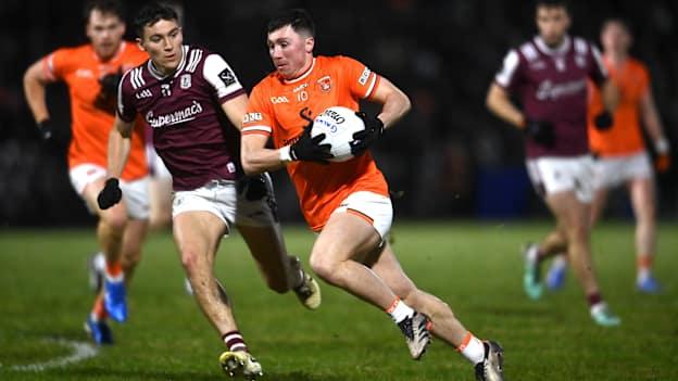Oisín Conaty, Armagh, and Finnian Ó Laoí, Galway, in Allianz Football League action at Pearse Stadium. Photo by David Fitzgerald/Sportsfile