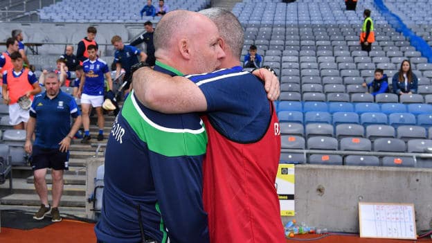Fermanagh manager, Joe Baldwin, and Cavan manager, Ollie Bellew, following the 2021 Lory Meagher Cup Final at Croke Park. Photo by Ray McManus/Sportsfile