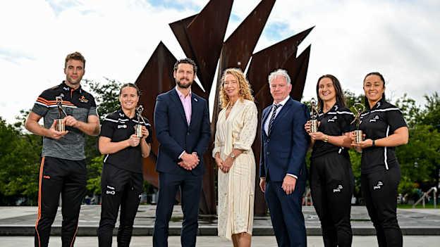 PwC GAA/GPA Player of the Month for July in football, Paul Conroy of Galway, PwC GPA Player of the Month for July in ladies’ football, Nicola Ward of Galway, GPA chief executive officer Tom Parsons, PwC Partner Mairead Connolly, President of Connacht GAA Vincent Neary, PwC GPA Player of the Month for August in ladies’ football, Ailbhe Clancy of Leitrim, PwC GPA Player of the Month for July in camogie, Dervla Higgins of Galway, at Eyre Square in Galway. Photo by Sam Barnes/Sportsfile