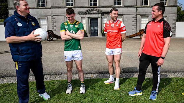 Meath manager Robbie Brennan and captain Eoghan Frayne, left, with Louth captain Sam Mulroy and manager Ger Brennan, right, at Oldbridge House, Battle of the Boyne Visitor Centre in Drogheda, Meath during a media event for the 2025 Leinster GAA Senior Football Championship Final between Louth and Meath which will take place on Sunday 11th of May in Croke Park, Dublin. Photo by Stephen McCarthy/Sportsfile.
