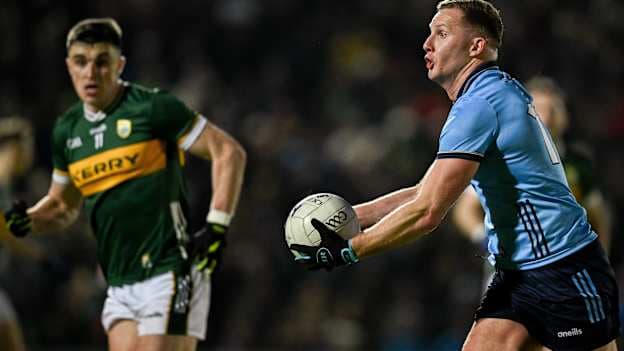 Ciarán Kilkenny of Dublin in action against Seán O'Shea of Kerry during the 2025 Allianz Football League Division 1 match between Kerry and Dublin at Austin Stack Park in Tralee, Kerry. Photo by Brendan Moran/Sportsfile.