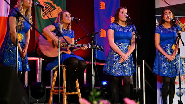 The Gleann Fleisce team, including Aoise O Donoghue, Muireann Healy, Abbey Cronin, Cliona Moynihan and Patrick Mullane, representing Kerry and Munster, in the Bailéad-Ghrúpa competition during the Scór na nÓg 2024-25 All-Ireland Finals at the Hillgrove Hotel, Monaghan.