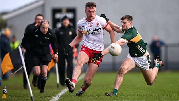 Brian Kennedy of Tyrone in action against Diarmuid O'Connor of Kerry during the Allianz Football League Division 1 match between Tyrone and Kerry at Pomeroy Plunkett's GAA Club in Pomeroy, Tyrone. Photo by Ramsey Cardy/Sportsfile.