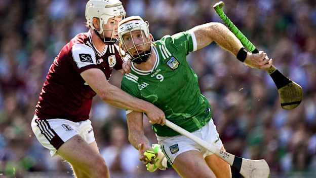 Cian Lynch, Limerick, and Joshua Ryan, Galway, in action during the 2026 All-Ireland SHC Final at Croke Park. Photo by Ray McManus/Sportsfile