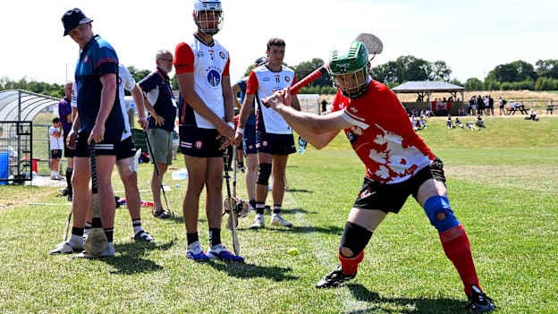Alex MacDonald of Canada Hurling 1 takes a sidleline cut during the International Hurling Division 1 match between Canada Hurling 1 and New York GAA during day three of the oneills.com GAA World Games 2026 at the SETU Arena in Carriganore, Waterford. Photo by Paul Phelan/Sportsfile.