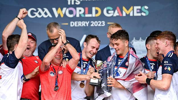 New York captain James Breen celebrates with the trophy after the Hurling International Cup Final Séamus Howlin Cup match between New York and Pearse Óg San Francisco on day five of the FRS Recruitment GAA World Games 2023 at Celtic Park in Derry. Photo by Piaras Ó Mídheach/Sportsfile.