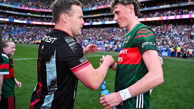 Andy Moran and Kobe McDonald celebrate following Mayo's win at Croke Park. Photo by Ben McShane/Sportsfile