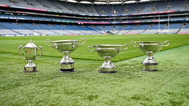 The Joe McDonagh Cup, Christy Ring Cup, Lory Meagher Cup and Nickey Rackard Cups at Croke Park. Photo by Stephen McCarthy/Sportsfile