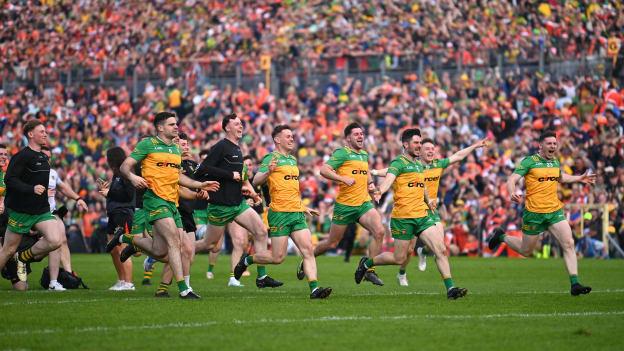 Donegal players celebrate following the Ulster SFC Final. Photo by Ramsey Cardy/Sportsfile