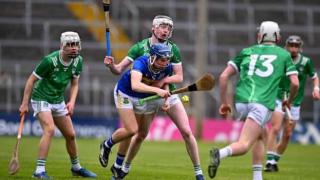 Éanna Tucker of Tipperary in action against Diarmuid Crowe of Limerick during the Electric Ireland Munster GAA Minor Hurling Championship final match between Tipperary and Limerick at FBD Semple Stadium in Thurles, Tipperary. Photo by Piaras Ó Mídheach/Sportsfile.