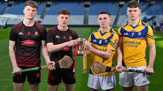 Gearoid Maher, left, and Sam Dooley of Coláiste Phobal Ros Cré, Tipperary, with Alex Begley and Conor Kelly, right, of Grennan College Thomastown, Kilkenny, ahead of their Masita All-Ireland Post Primary Schools D Hurling Final during the Masita All-Ireland Post Primary Schools Finals Captains Call at Croke Park in Dublin. Photo by Stephen McCarthy/Sportsfile.