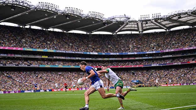 David Clifford, Kerry, and Brendan McCole, Donegal, in action during the 2025 All-Ireland SFC Final at Croke Park. Photo by Ramsey Cardy/Sportsfile