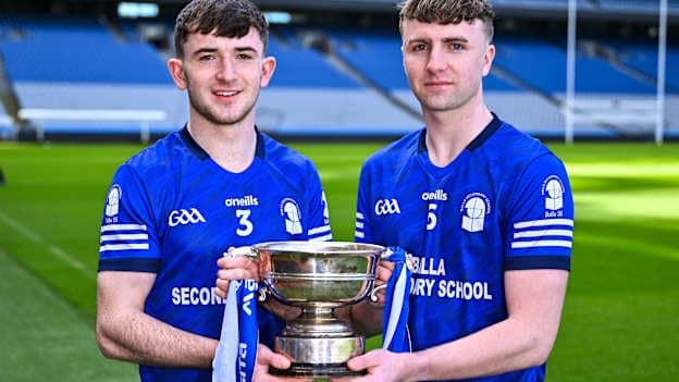 Joint captains of Balla Secondary School in Mayo Seán Brohan, left, and Ryan O'Donnell with the cup head of the upcoming Masita All Ireland PPS Dr Eamonn O’Sullivan Football Final against St Ciarán's College Ballygawley in Tyrone during the Masita All-Ireland Post Primary Schools Finals 2026 launch at Croke Park in Dublin. Photo by Piaras Ó Mídheach/Sportsfile.